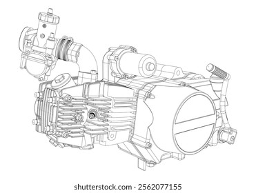 A set of drawings of engines - motor vehicle internal combustion engine, motorcycle, electric motor and a rocket. It can be used to illustrate ideas of science, engineering design and high-tech