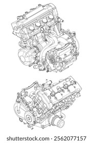 A set of drawings of engines - motor vehicle internal combustion engine, motorcycle, electric motor and a rocket. It can be used to illustrate ideas of science, engineering design and high-tech