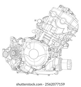 A set of drawings of engines - motor vehicle internal combustion engine, motorcycle, electric motor and a rocket. It can be used to illustrate ideas of science, engineering design and high-tech