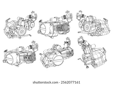 A set of drawings of engines - motor vehicle internal combustion engine, motorcycle, electric motor and a rocket. It can be used to illustrate ideas of science, engineering design and high-tech