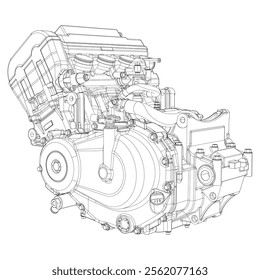 A set of drawings of engines - motor vehicle internal combustion engine, motorcycle, electric motor and a rocket. It can be used to illustrate ideas of science, engineering design and high-tech