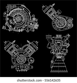 A set of drawings of engines - motor vehicle internal combustion engine, motorcycle, electric motor and a rocket. It can be used to illustrate ideas  of science, engineering design and high-tech