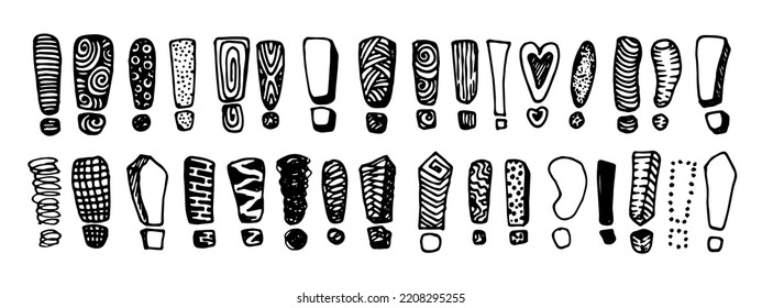 un conjunto de dibujos con signos de exclamación. colección a mano de marcas de exclamación aisladas en estilo doodle con varios patrones y texturas, contorno negro en blanco para plantilla de diseño