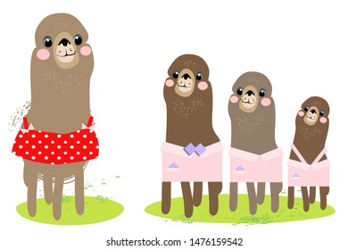 Set of drawings of a family of lamas, cartoon fairy tale characters of children's heroes, in vector