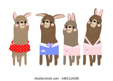 Set of drawings of a family of lamas, cartoon fairy tale characters of children's heroes, in vector