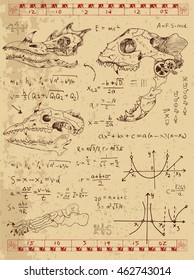 Set of drawings with fantasy monster skulls, graphics and mystic symbols on textured background