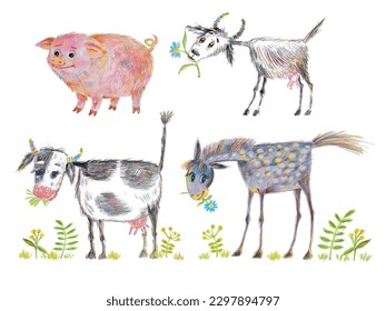 Set of drawings of farm animals with colored pencils on white background.