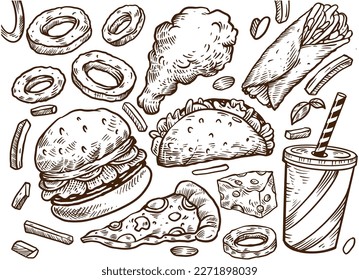 Set of drawings Fast Food. Burger, Fried Chicken, Burrito and pizza collection. vector sketch illustration isolated on white background