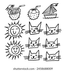 A set of drawings featuring vertebrate mammals like cats, a sun, a coconut, and a boat. The artwork showcases different shapes such as rectangles, triangles, and patterns