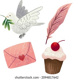 Set of drawings for February 14 white pigeon with a twig pink feather letter envelope cherry pie cupcake