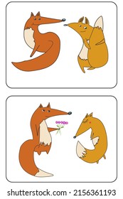 A set of drawings of foxes give flowers to a fox, cartoon, comic. Romantic Valentine's Day Greeting Card