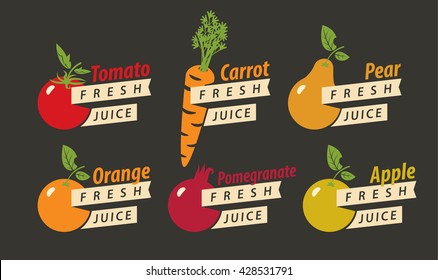 set of drawings fruits with the names of for fresh juice