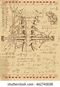 Set of drawings with graphics, human anatomy throat and old mechanism on textured background