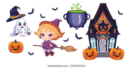 Set of drawings for halloween, cute cartoon style characters.