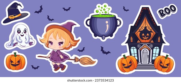Set of drawings for halloween, cute cartoon style characters.