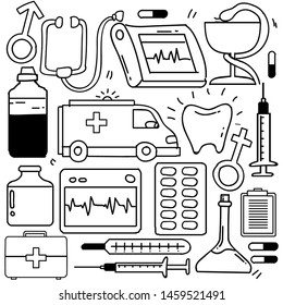 Set of Drawings Healthcare Theme Doodle Collection In White Isolated Background