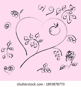 Set of drawings heart, leaves, berries.