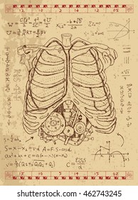 Set of drawings with human chest, bones, graphics and steampunk mechanism in ribs on textured background