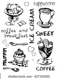 
Set of drawings and inscriptions of coffee, sweets and ice cream. Effect of blackboard. Vector illustration