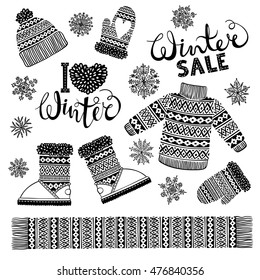 Set drawings knitted woolen clothing and footwear. Sweater, hat, mitten, boot, scarf with patterns, snowflakes. Winter sale shopping concept to design banners, price or label. Vector illustration.