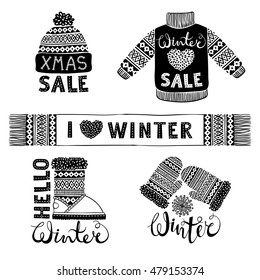 Set drawings knitted woolen clothing and footwear. Sweater, hat, mitten, boot, scarf with patterns. Winter sale shopping concept to design banners, price or label. Isolated vector illustration.