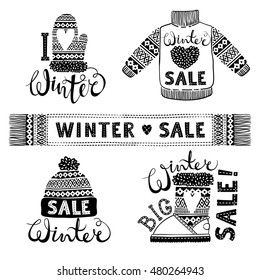 Set drawings knitted woolen clothing and footwear. Sweater, hat, mitten, boot, scarf, lettering. Winter sale shopping concept to design banners, price or label. Isolated vector illustration.