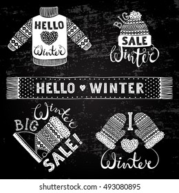 Set drawings knitted woolen clothing and footwear. Sweater, hat, mitten, boot, scarf, lettering. Winter sale shopping concept to design banners, price or label. Isolated vector illustration.