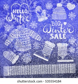 Set drawings knitted woolen clothing and footwear. Sweater, hat, mitten, boot, scarf, lettering. Winter sale shopping concept to design banners, price or label. Vector illustration.
