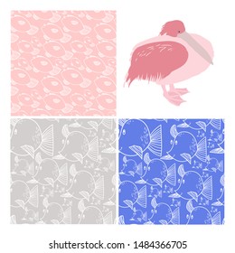 Set of drawings of large birds, pink pelican, cartoon character and cute seamless pattern, in vector