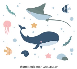 A set of drawings of marine animals, can be used for any purpose, such as decorating a presentation about the inhabitants of the sea or decorating goods for children. Cute characters will make any pro