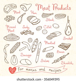 Set drawings of meat products: ham, steak, minced, jerky, cutlet, smoked, meatloaf, sausage, bacon, salami for design menus, recipes and packages. Vector Illustration.