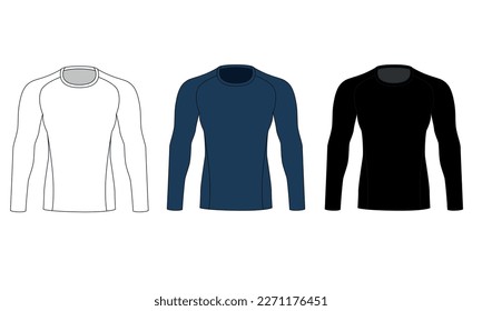 A set of drawings of a men's sports sweatshirt in blue, white, black colors. Vector template of male rash guard. Sketch of a sports sweatshirt with long sleeves made of stretch fabric.