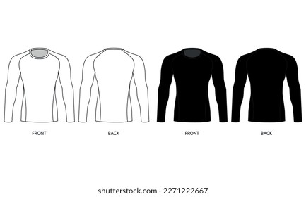 A set of drawings of a men's sports sweatshirt in white and black. Vector template of male rash guard front and back view. Sketch of a sports sweatshirt with long sleeves made of stretch fabric.