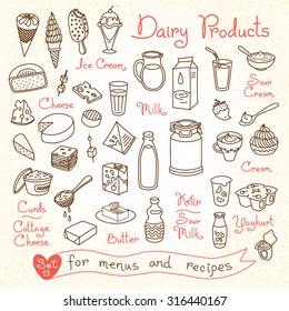 Set drawings of milk and dairy products for design menus, recipes and packages. Vector Illustration.