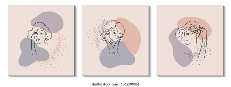 Set of drawings with modern abstract faces. Fashionable outlines of women silhouettes. Hand-drawn outlines of fashionable vector illustrations girls. Minimalistic concept. Delicate colors. Banner.