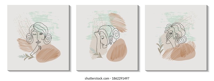 Set of drawings with modern abstract faces. Fashionable outlines of women silhouettes. Hand-drawn outlines of fashionable vector illustrations girls. Minimalistic concept. Color spot. Banner.