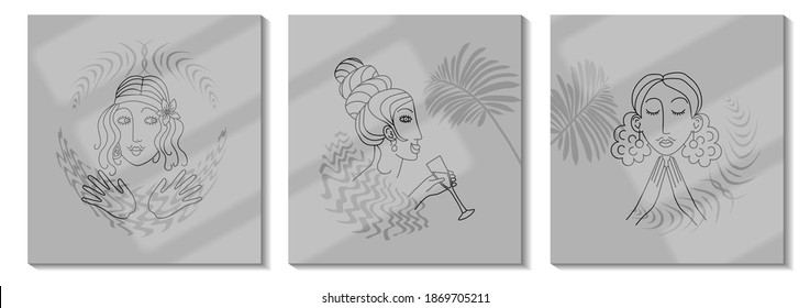 Set of drawings with modern abstract faces. Fashionable outlines of women silhouettes with shadows. Hand-drawn outlines of vector illustrations of girls. Minimalistic concept. Monochrome banner. Gray.