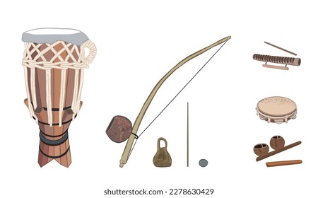 Set of drawings of musical instruments used in Brazilian sport music called Capoeira atabaque, berimbau, caxixi, agogo, pandeiro and reco-reco. Vector illustration used on white background.