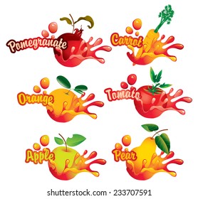 set of drawings with the names of fruits and juice splashes