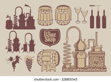 set of drawings of objects on the topic of wine production and sales