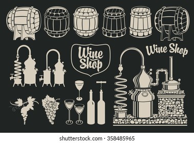 set of drawings of objects on the topic of wine production and sales