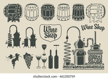 set of drawings of objects on the topic of wine production and sales