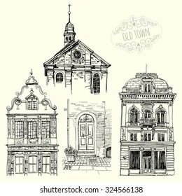 A set of drawings with old buildings. Sketches. Old city. Freehand drawing.