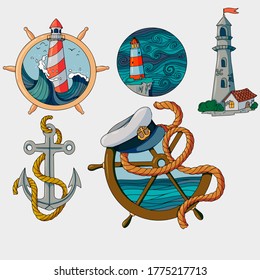 set of drawings on the marine theme, lighthouse, helm, anchor. vector illustration isolated on white background