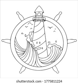 set of drawings on the marine theme. Lighthouse vector illustration isolated on white background. Line. coloring book