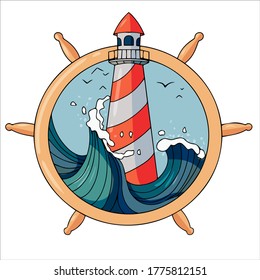 set of drawings on the marine theme. Lighthouse vector illustration isolated on white background.