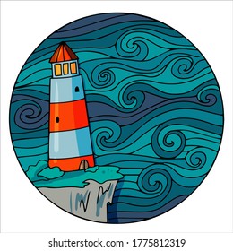 set of drawings on the marine theme. Lighthouse vector illustration isolated on white background.