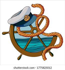 set of drawings on the marine theme. helm, captain cap and rope vector illustration isolated on white background