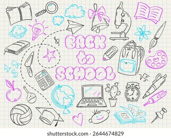Um conjunto de desenhos sobre um tema de escola, livros, um globo, um computador, uma mochila, um sino com um arco e muito mais. Lettering - De volta à escola estilo 2000s, fonte bolha.