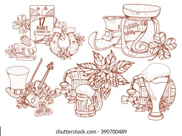 A set of drawings on the theme of beer. Brewing, Irish Pub St. Patrick's Day. Outline drawing, coloring.
